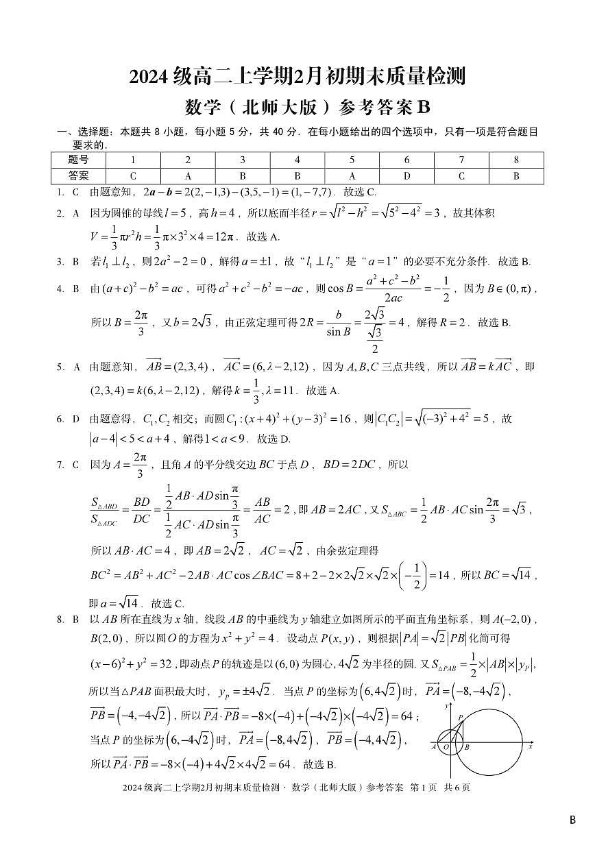 2024级高二上学期2月初期末质量检测 数学B答案第1页