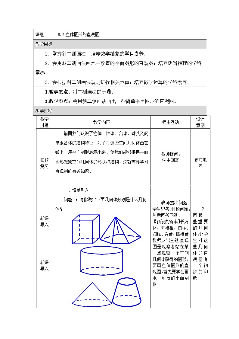 人教A版（2019）高中数学必修第二册 8.2 立体图形的直观图 教学设计第1页