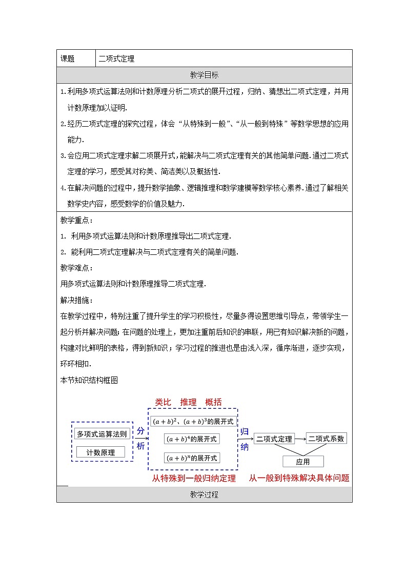 人教A版（2019）高中数学选择性必修第三册 6.3.1 二项式定理 教学设计第1页