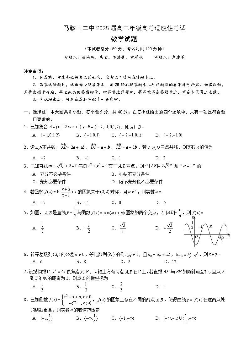 安徽省马鞍山二中2025届高三年级下学期高考适应性考试数学试题（无答案）第1页