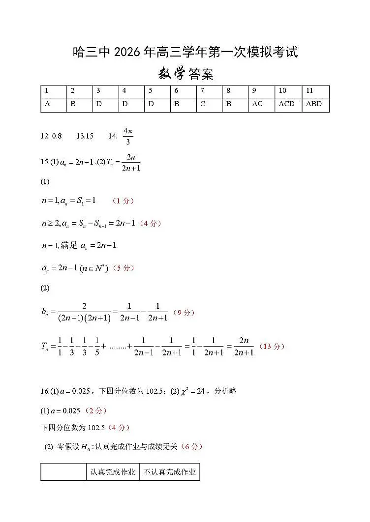 哈三中2026年高三学年第一次模拟考试数学答案第1页