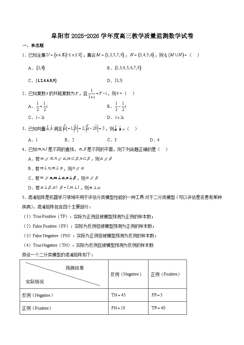 安徽省阜阳市2026届高三上学期1月期末教学质量监测数学试卷（Word版附解析）第1页
