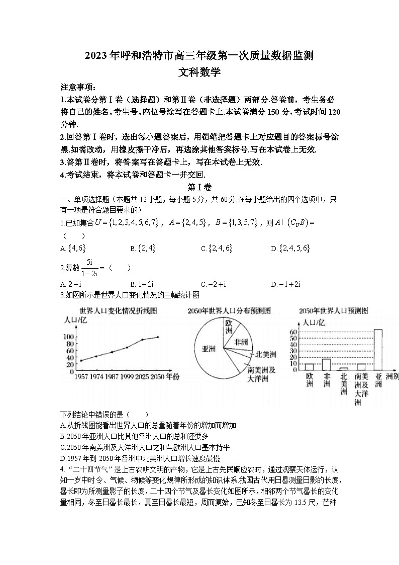 内蒙古呼和浩特市2023届高三下学期一模数学（文）试卷（Word版无答案）第1页