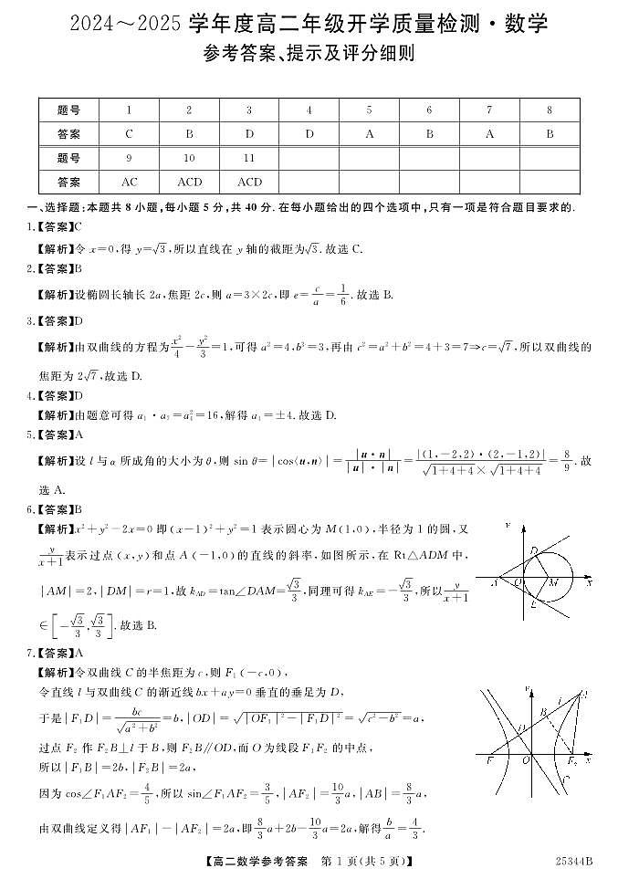 河南省开封市五县联考2024-2025学年高二下学期开学质量检测数学试题数学答案第1页