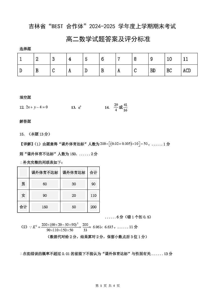吉林省“BEST合作体”2024-2025学年高二上学期期末考试数学答案（图片版）第1页