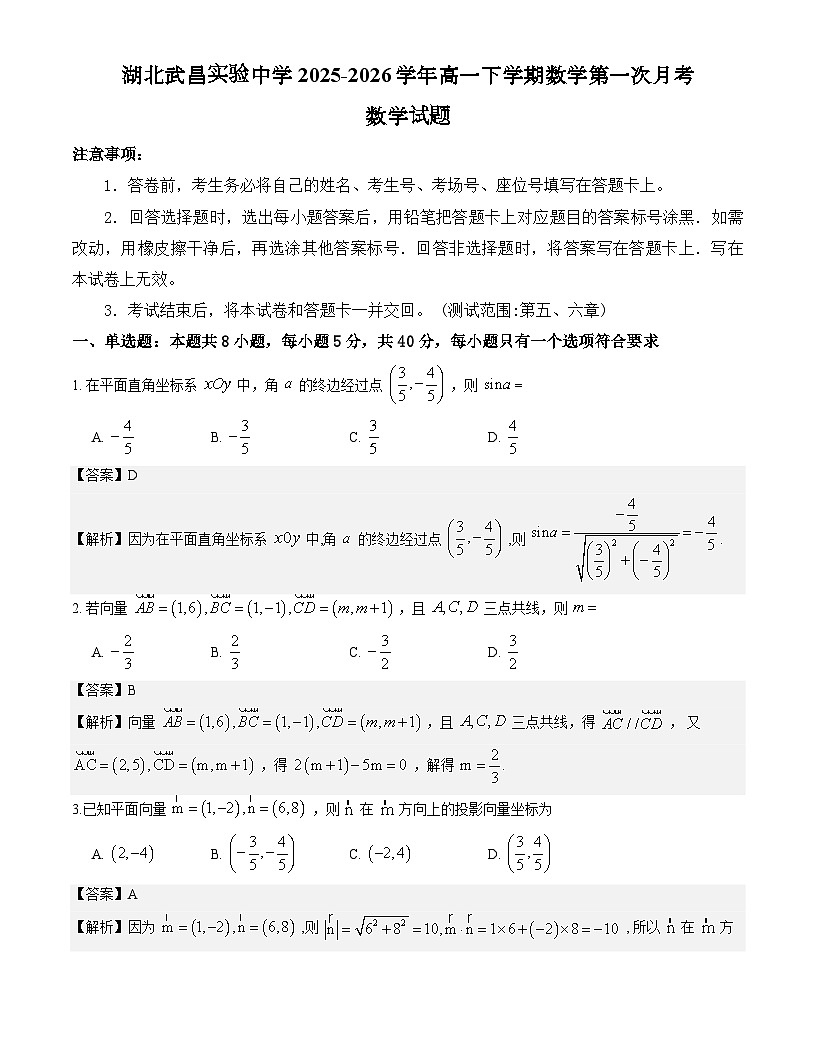 湖北武昌实验中学2025-2026学年高一下学期数学第一次月考模拟试题解析版第1页