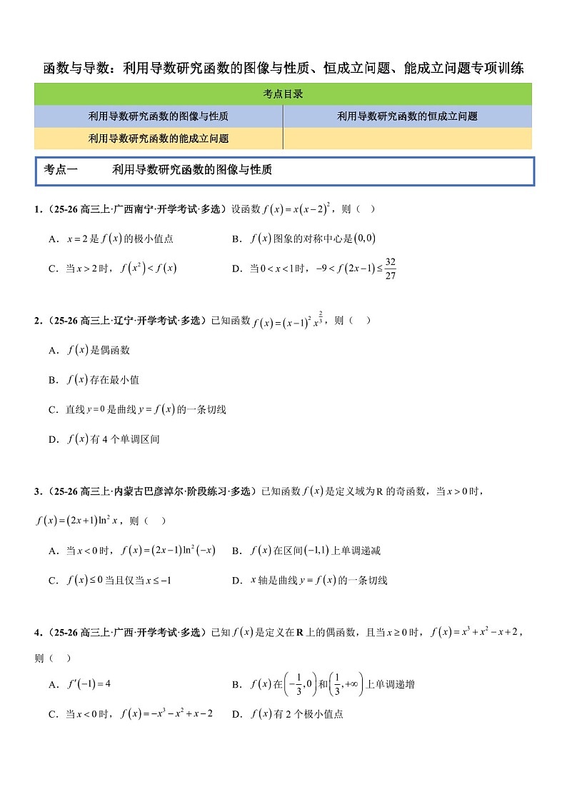 2026年高三数学一轮复习题型专练——利用导数研究函数的图像与性质、恒成立问题、能成立问题专项训练（含答案）第1页