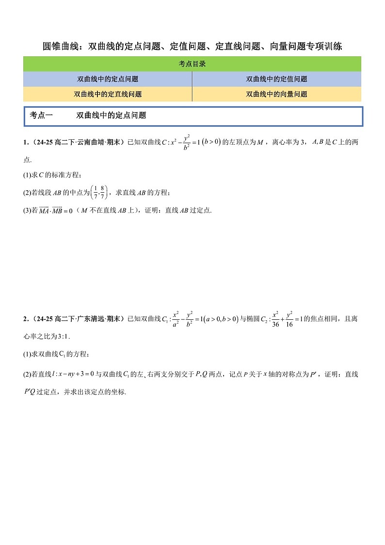 2026年高三数学一轮复习题型专练——双曲线的定点问题、定值问题、定直线问题、向量问题专项训练（含答案）第1页