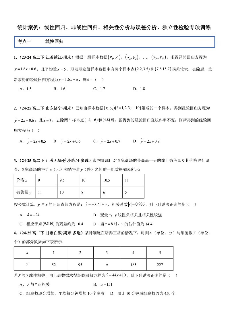 2026年高三数学一轮复习题型专练——线性回归、非线性回归、相关性分析与误差分析、独立性检验专项训练（含答案）第1页