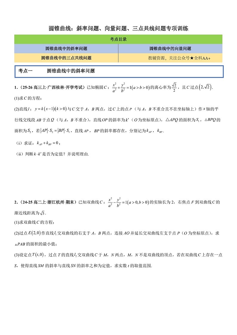 2026年高三数学一轮复习题型专练——斜率问题、向量问题、三点共线问题专项训练（含答案）第1页
