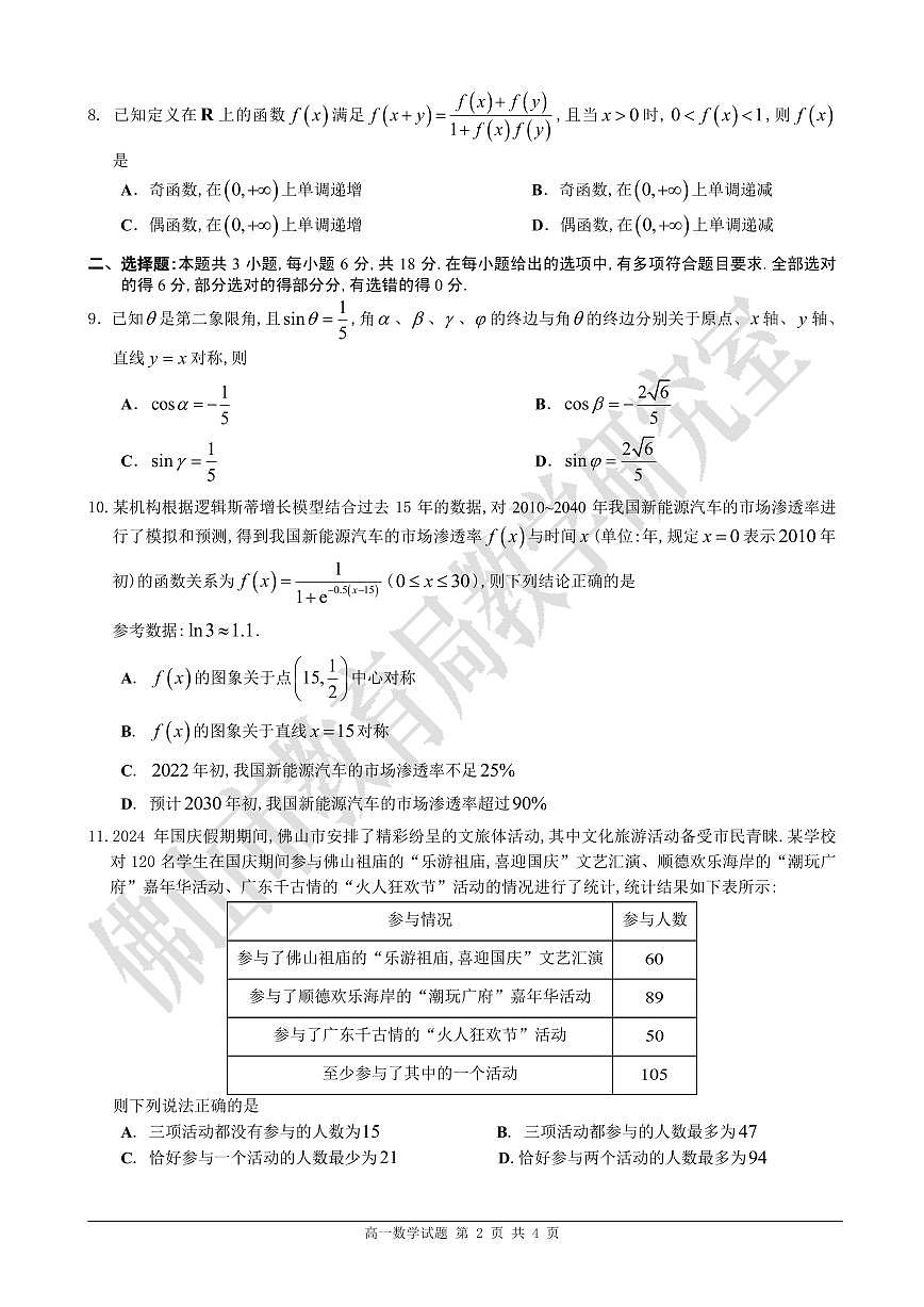 广东省佛山市高一上学期1月期末教学质量检测数学试题第2页