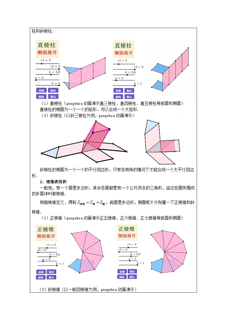 人教版 高中数学 必修第二册8.3 《简单几何体的表面积与体积 表格式教案第2页