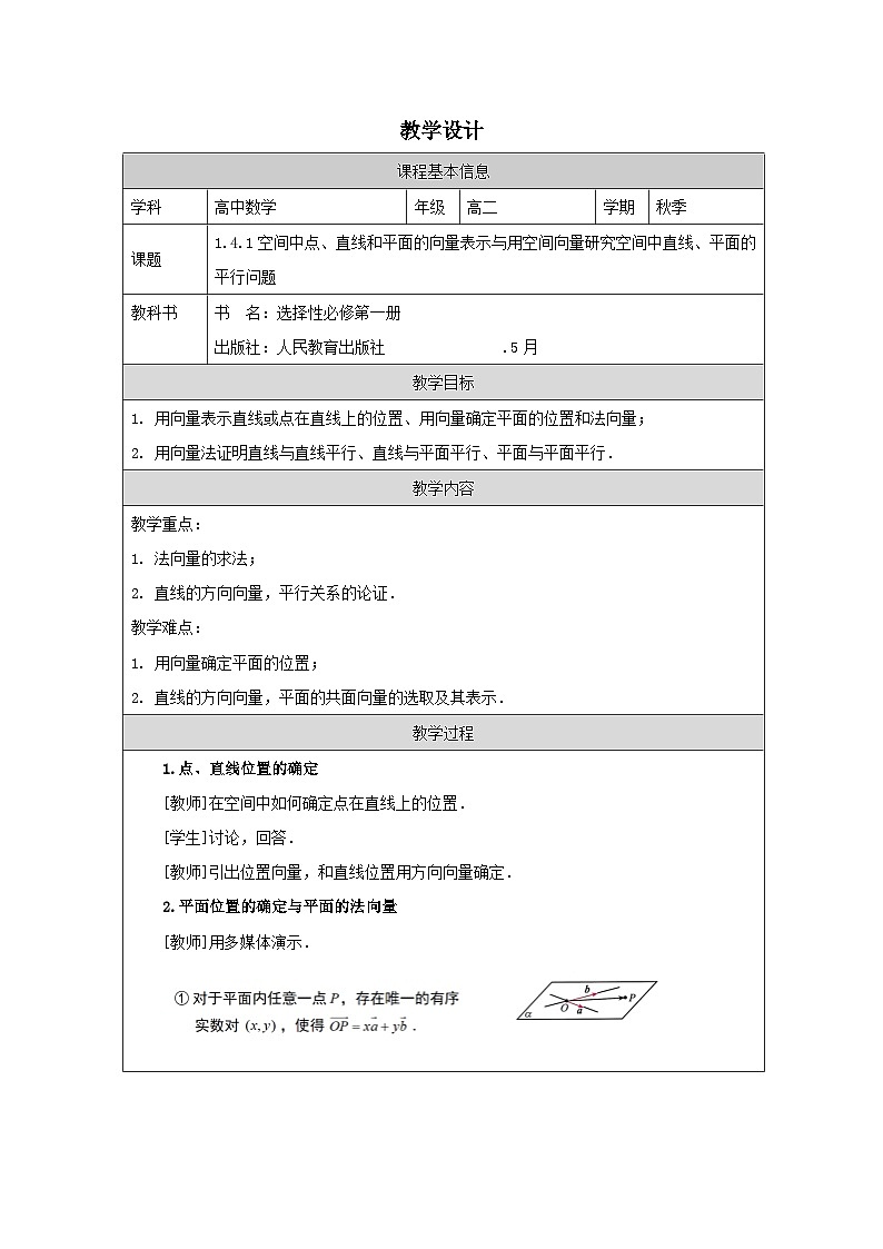 人教版 高中数学 选修第一册1.4.1用空间向量研究直线、平面的位置关系 表格式教案第1页