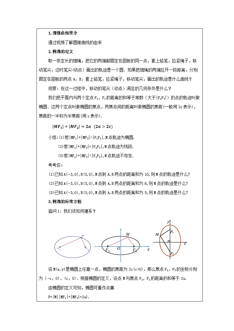 人教版 高中数学 选修第一册3.1.1椭圆及其标准方程 表格式教案第2页