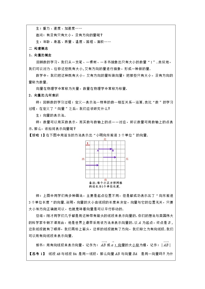 人教版 高中数学 必修第二册6.1 平面向量的概念》 表格式教案第2页