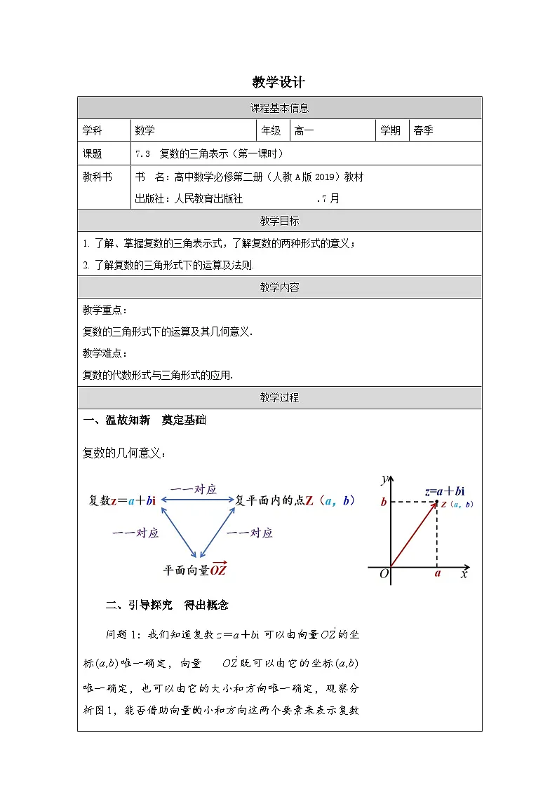 人教版 高中数学 必修第二册7.3复数的三角表示 表格式教案第1页