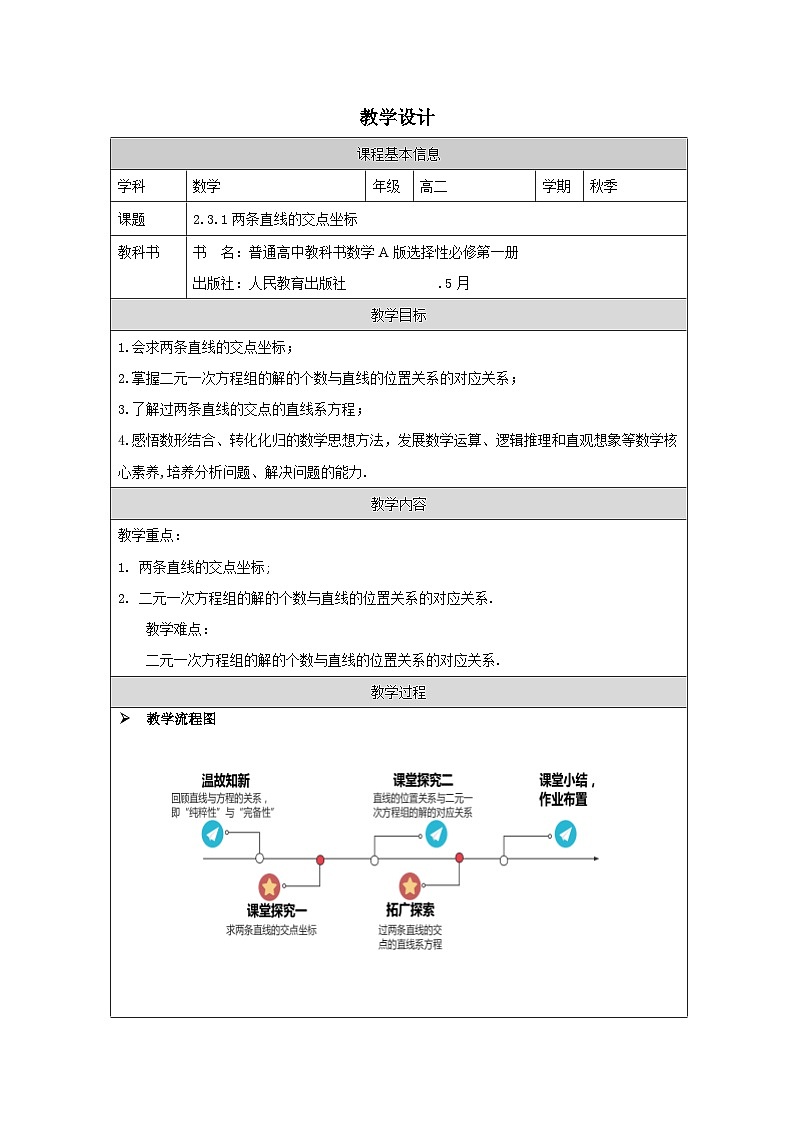 人教版 高中数学 选修第一册2.3.1两条直线的交点坐标》 表格式教案第1页