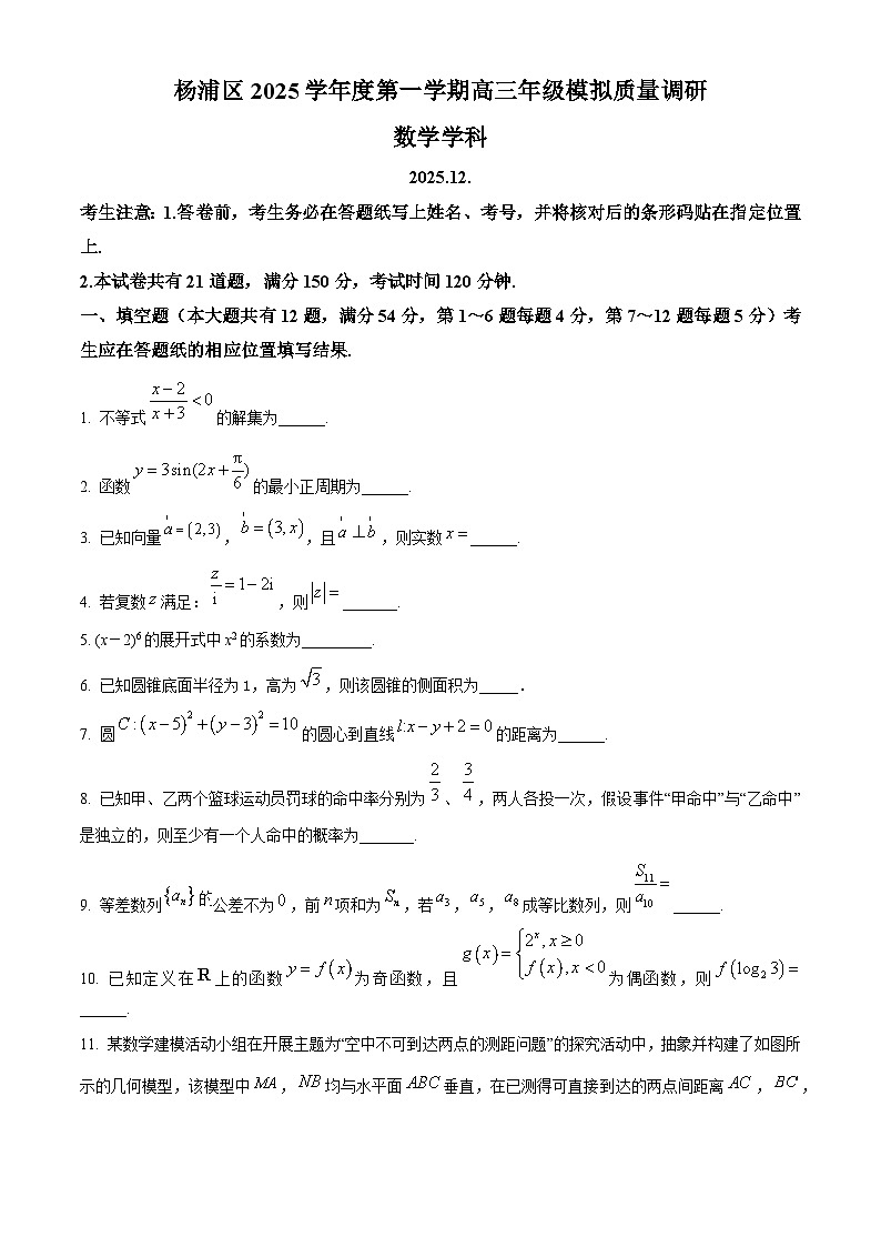 上海市杨浦区2026届高三上学期模拟质量调研（一模）数学试题（原卷版）第1页