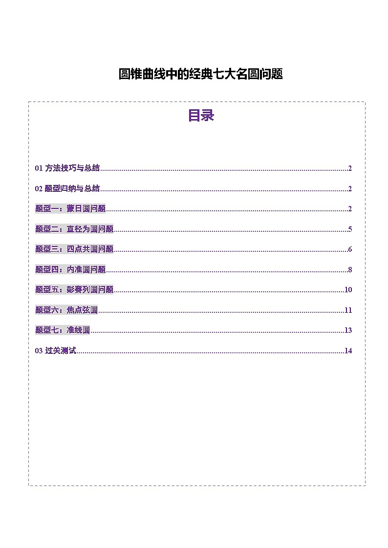2026年高考数学二轮复习——圆锥曲线中的经典七大名圆问题（七大题型）（原卷版）第1页