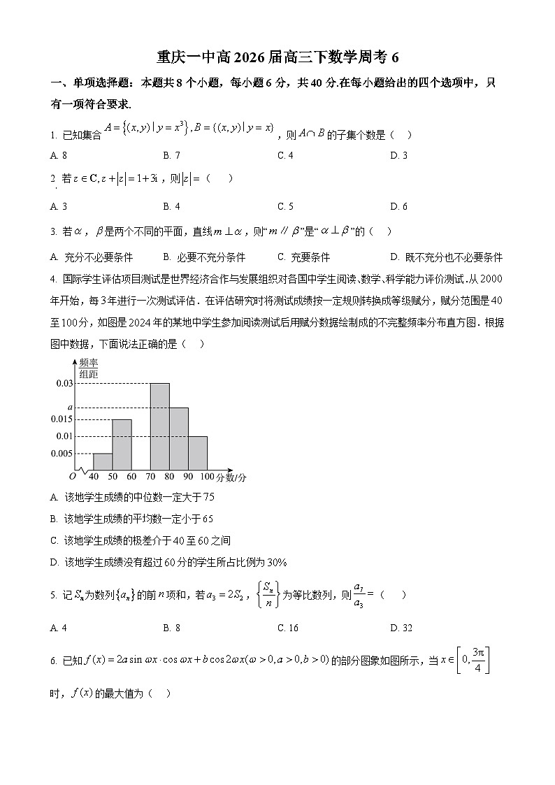 重庆市第一中学2026届高三下学期数学周考试题（6）（原卷版）第1页