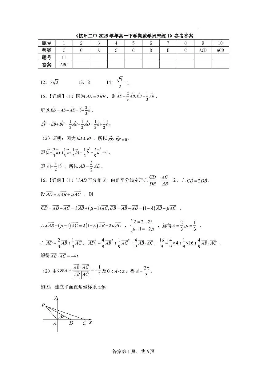 杭州二中2025学年高一下学期数学周末练1参考答案第1页
