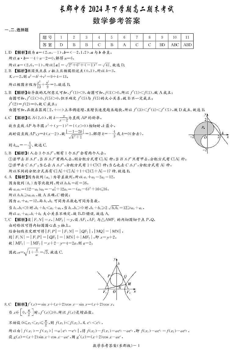 湖南省长沙市长郡中学2024-2025学年高二上学期期末考试数学试题参考答案第1页