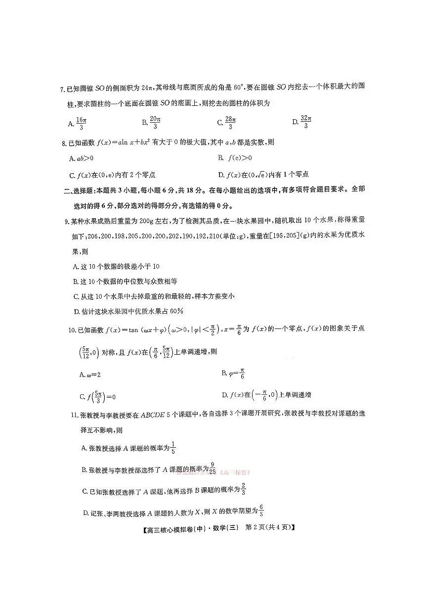 2026年九师联盟核心高考模拟卷中三数学试题及答案第2页