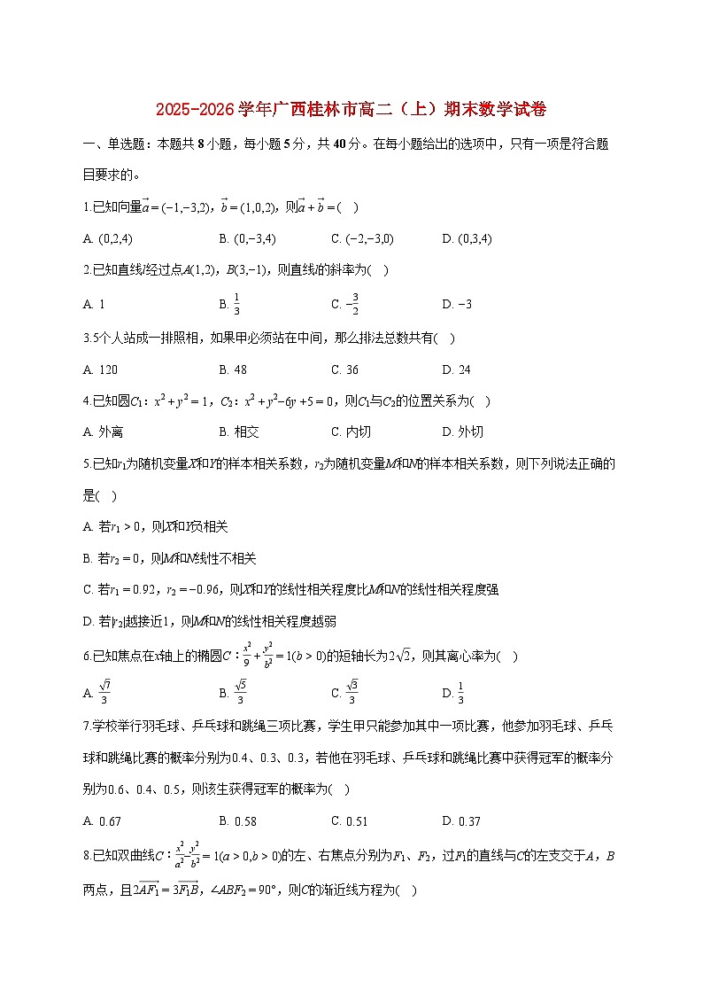 广西桂林市2025_2026学年高二上册期末数学试题（含答案）第1页