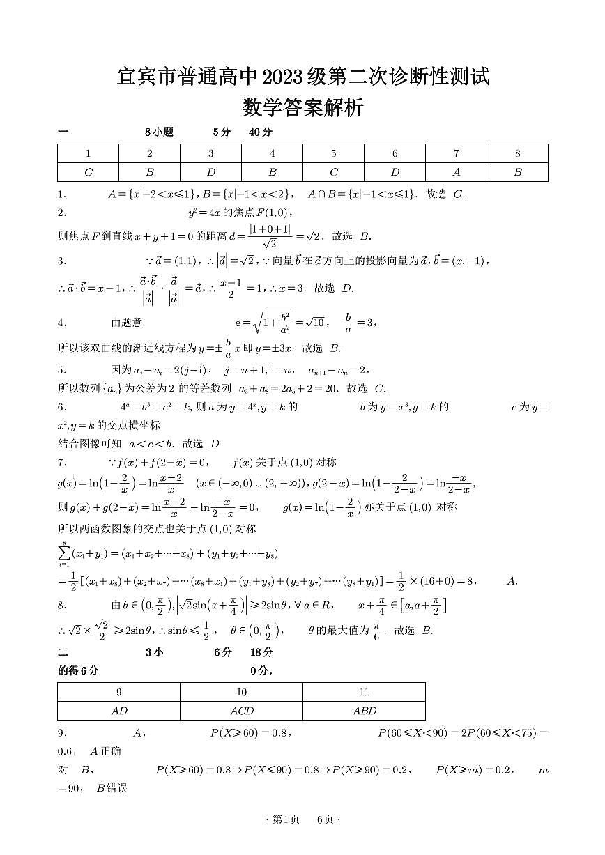 宜宾市普通高中2023级第二次诊断性测试 数学答案第1页