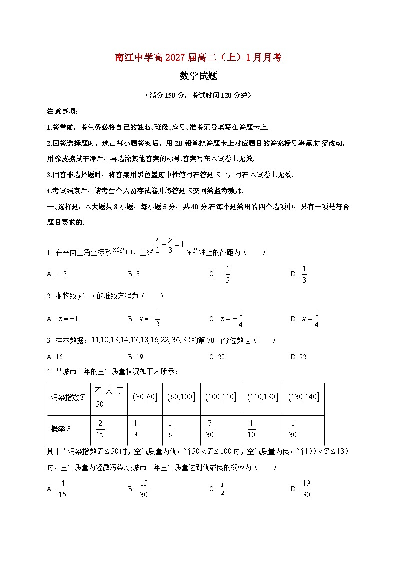 2025~2026学年四川省巴中市南江中学高二上册1月月考数学检测试卷第1页