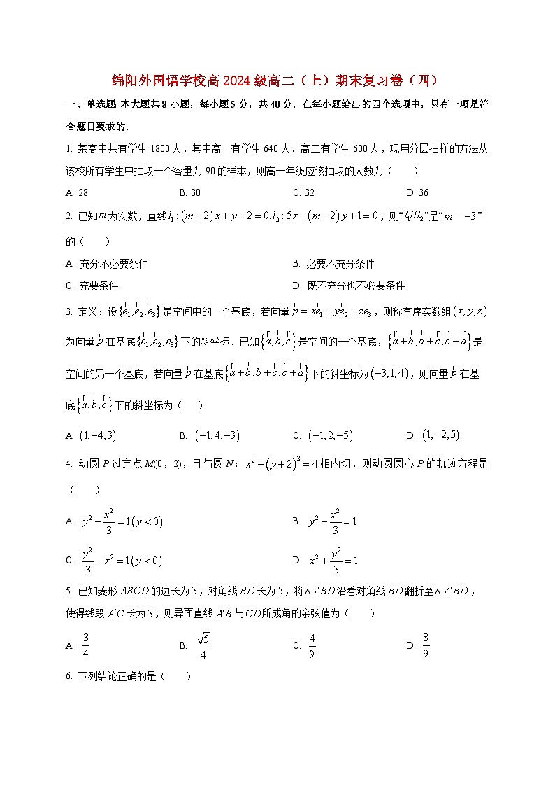 2025~2026学年四川省绵阳外国语学校高二上册期末复习数学检测试卷第1页
