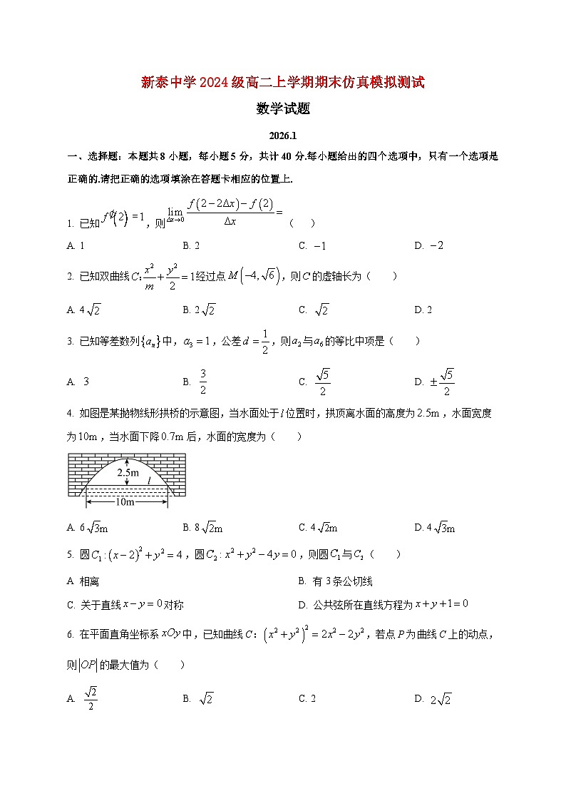 2025~2026学年新泰中学高二上册期末仿真模拟测试数学检测试卷第1页