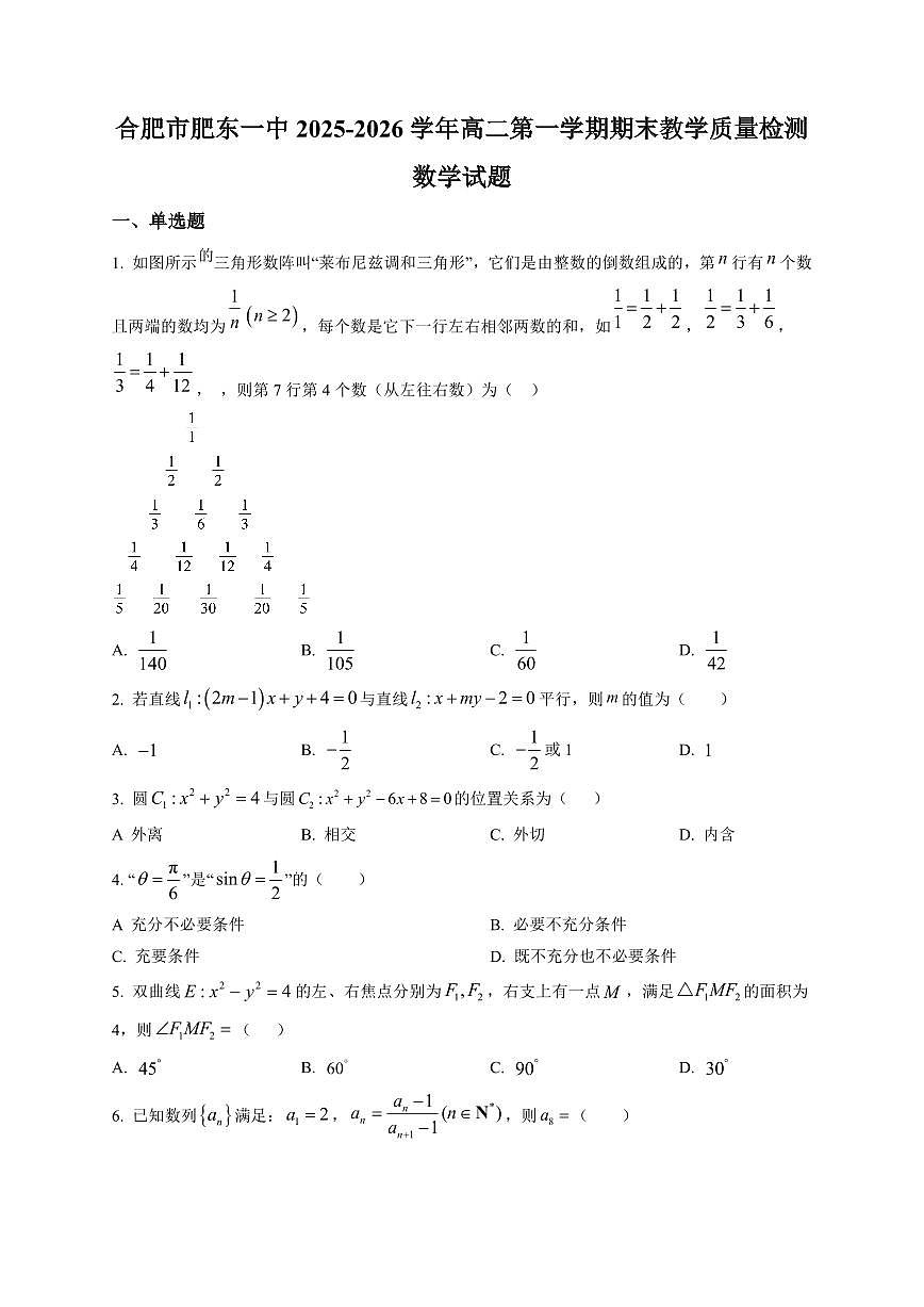 2025-2026学年安徽合肥市肥东一中高二上学期期末教学质量检测 数学试题（含解析）第1页