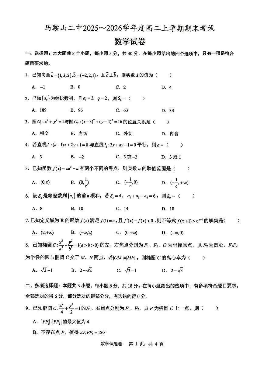 2025-2026学年马鞍山二中高二上学期期末考试数学试卷（含答案）第1页