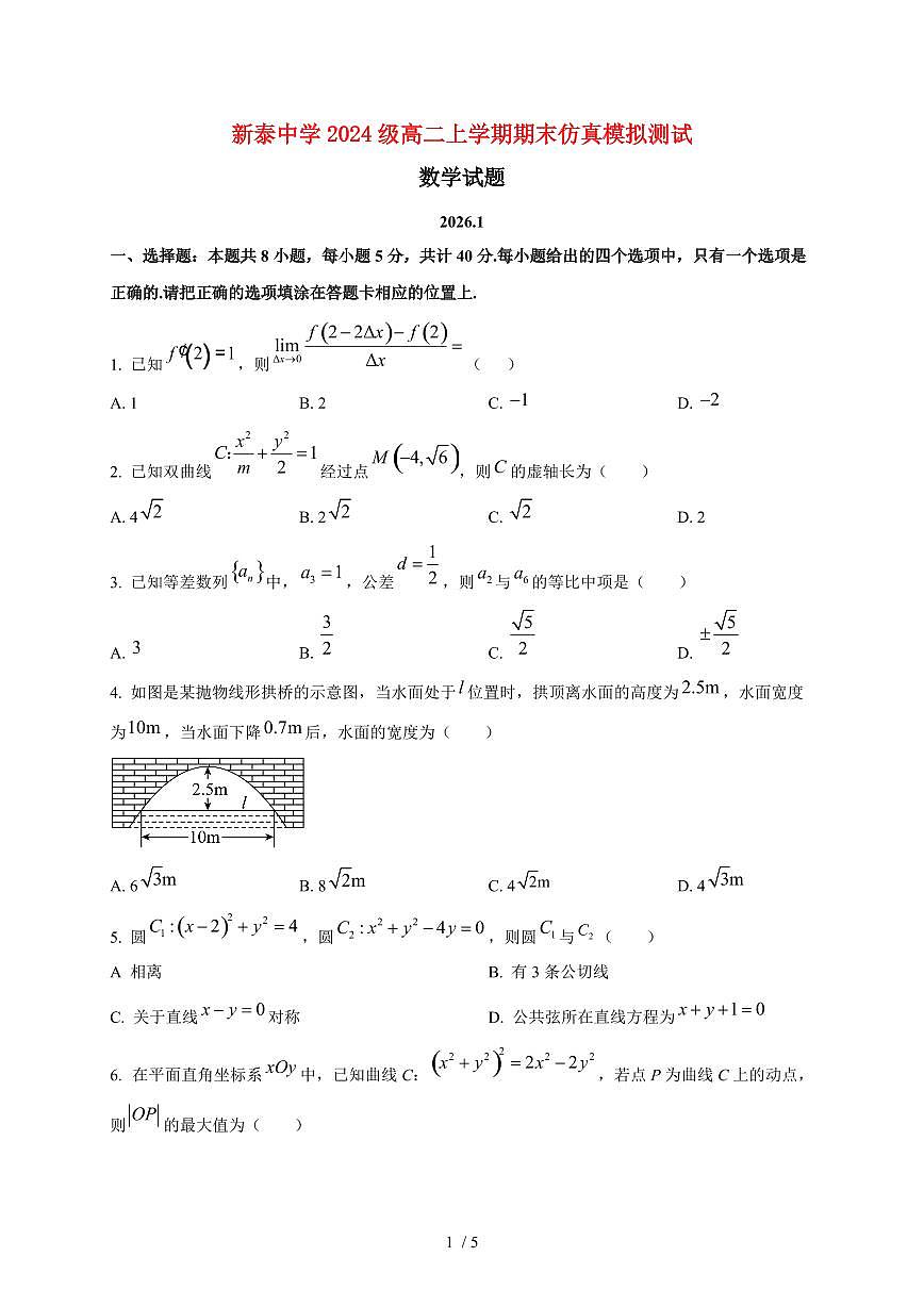 2025~2026学年新泰中学高二上册期末仿真模拟测试数学检测试卷第1页