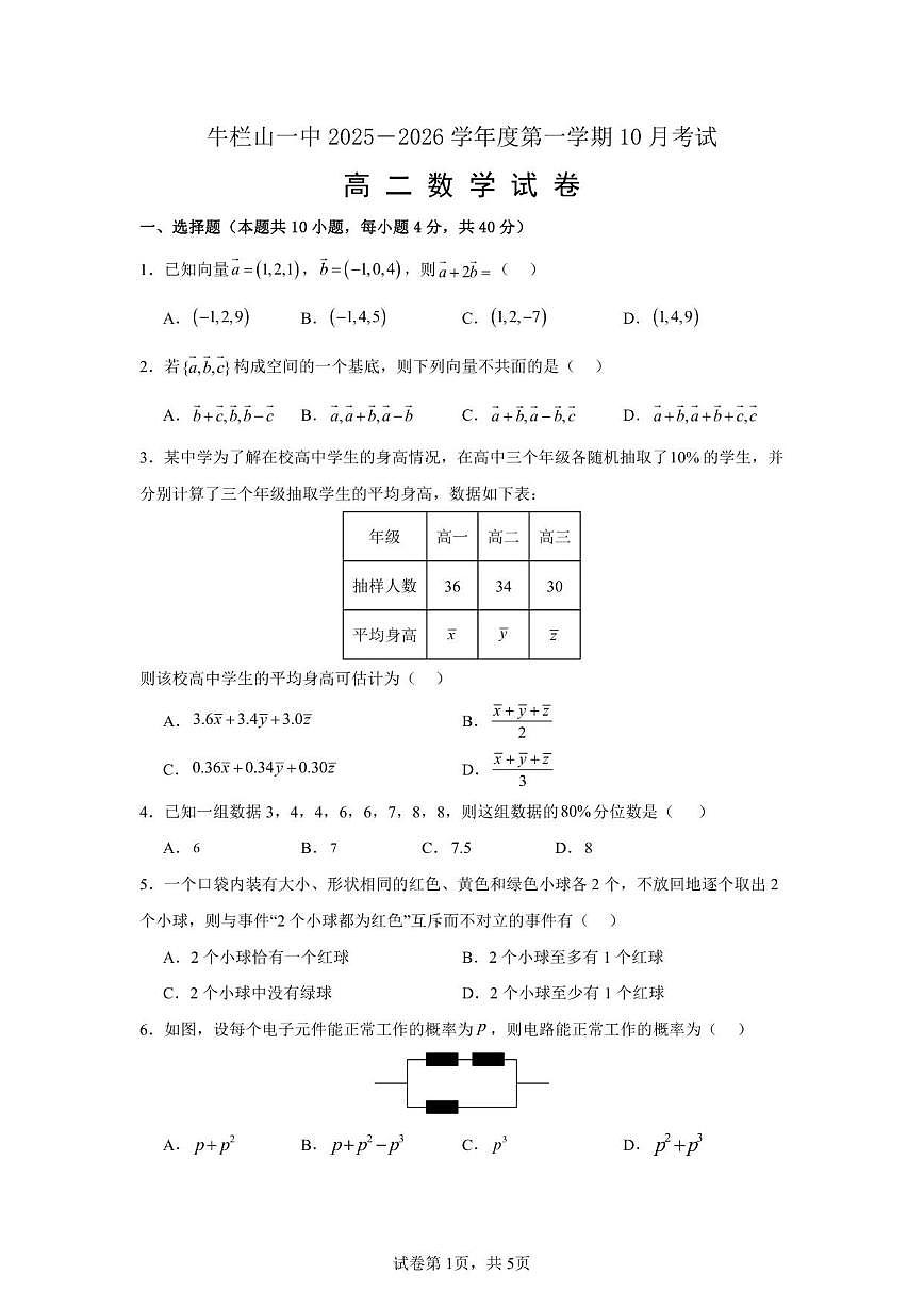 北京市顺义牛栏山第一中学2025-2026学年高二上学期10月月考数学试卷（无答案）第1页
