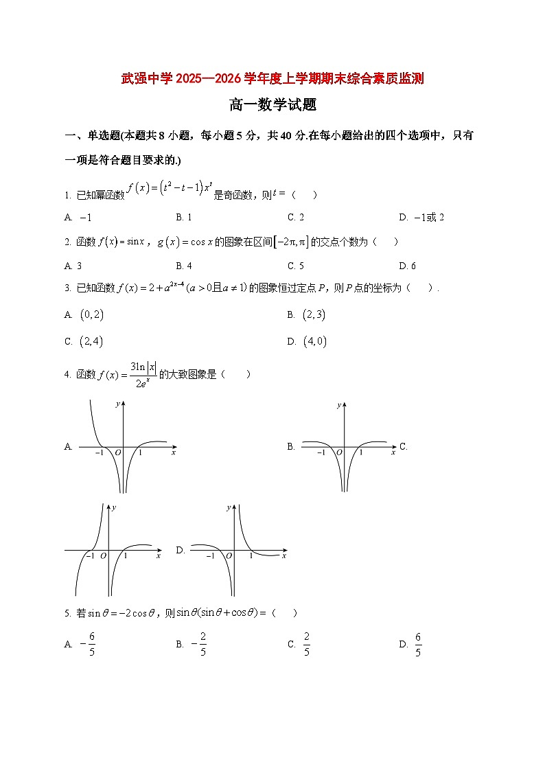 2025_2026学年河北武强中学上册期末综合质量监测高一数学试卷（原卷）第1页