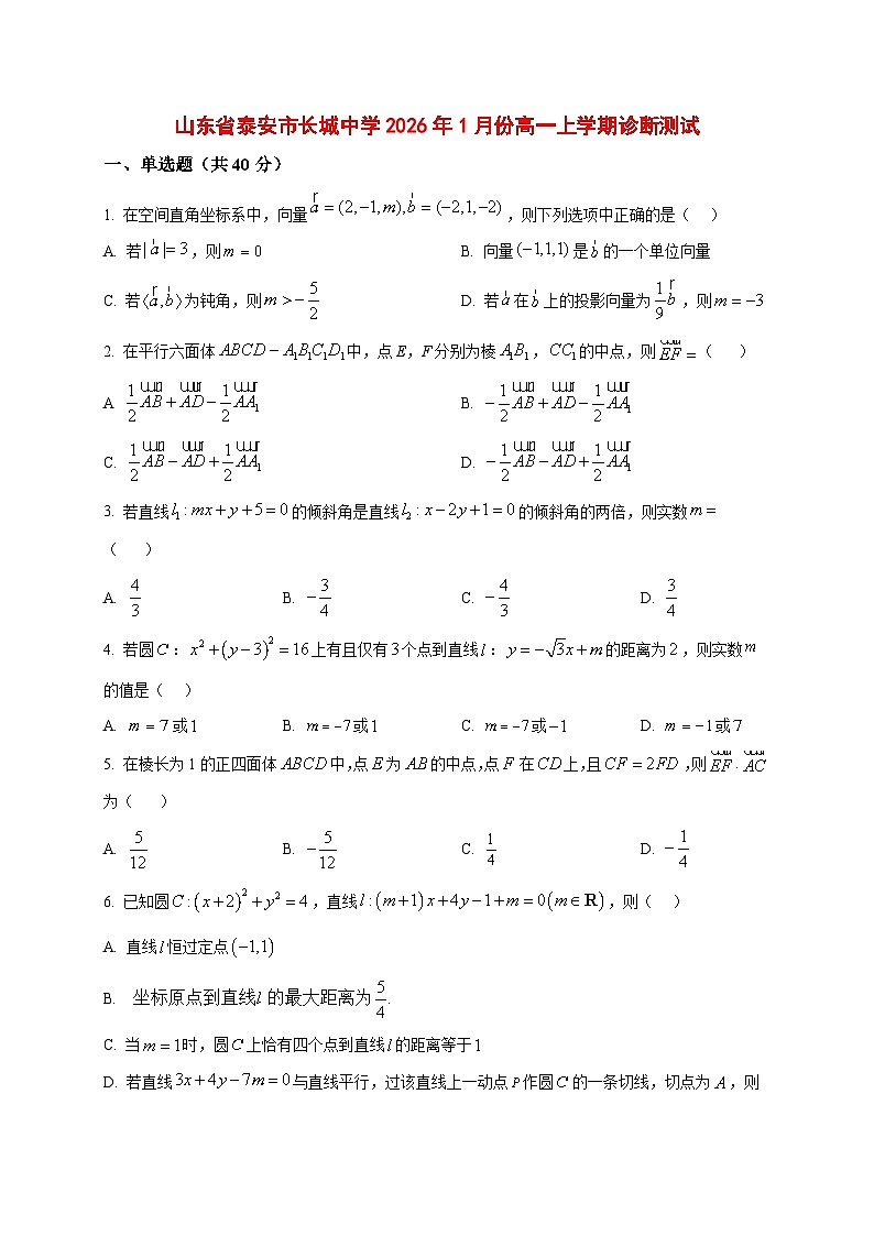 2025_2026学年山东省泰安市长城中学高一上册1月诊断测试数学试卷（原卷）第1页