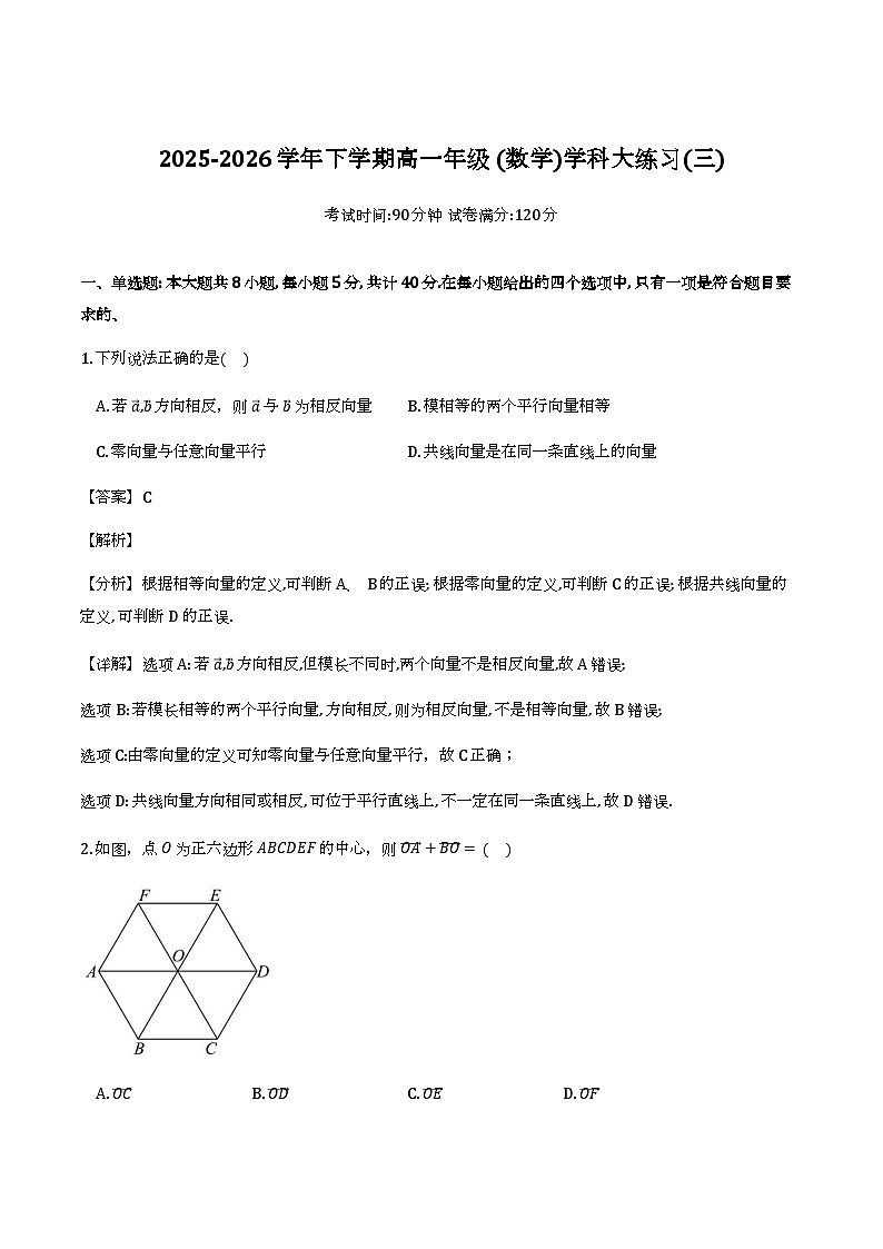 吉林长春市东北师范大学附属中学2025-2026学年高一下学期_数学学科大练习三（含解析）第1页