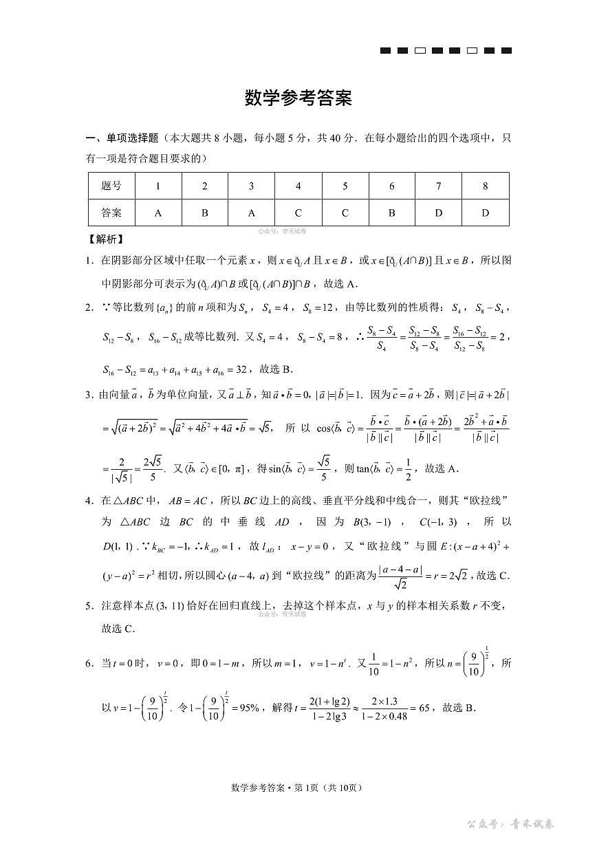 重庆市第八中学2026届高考适应性月考卷（六）数学答案第1页