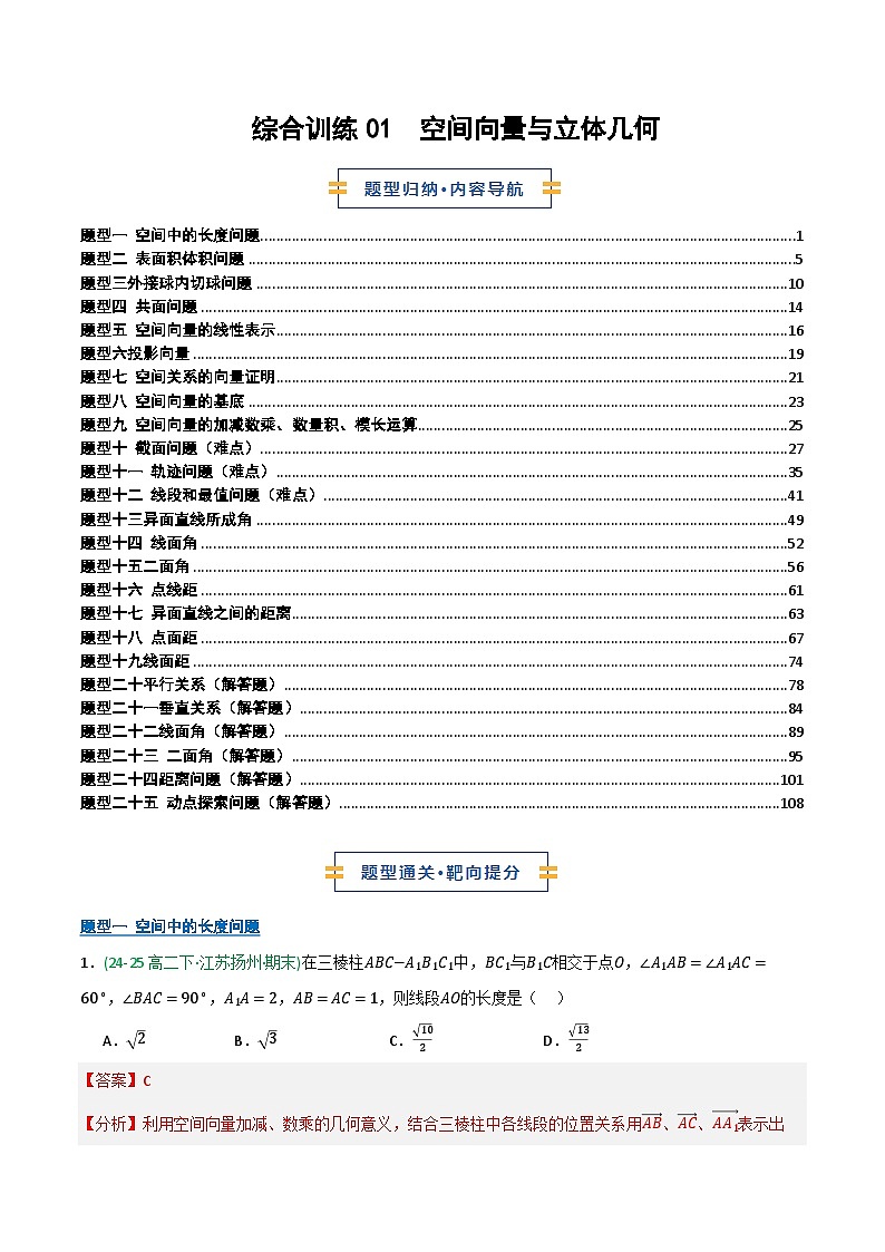 综合训练01 空间向量与立体几何（期末复习专项训练）（解析版）第1页