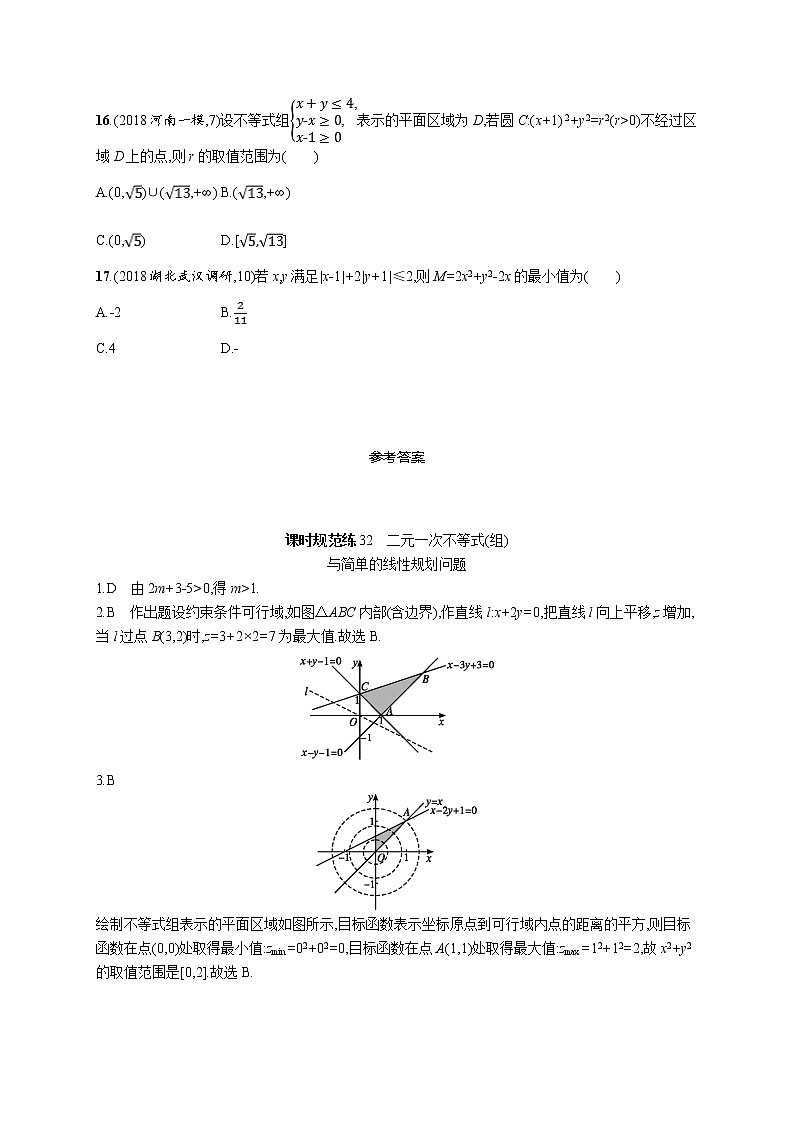 2020版高考数学北师大版（理）一轮复习课时规范练32　二元一次不等式（组）与简单的线性规划问题03