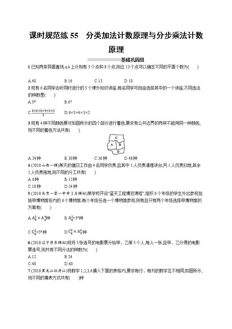 2020版高考数学北师大版（理）一轮复习课时规范练55　分类加法计数原理与分步乘法计数原理01