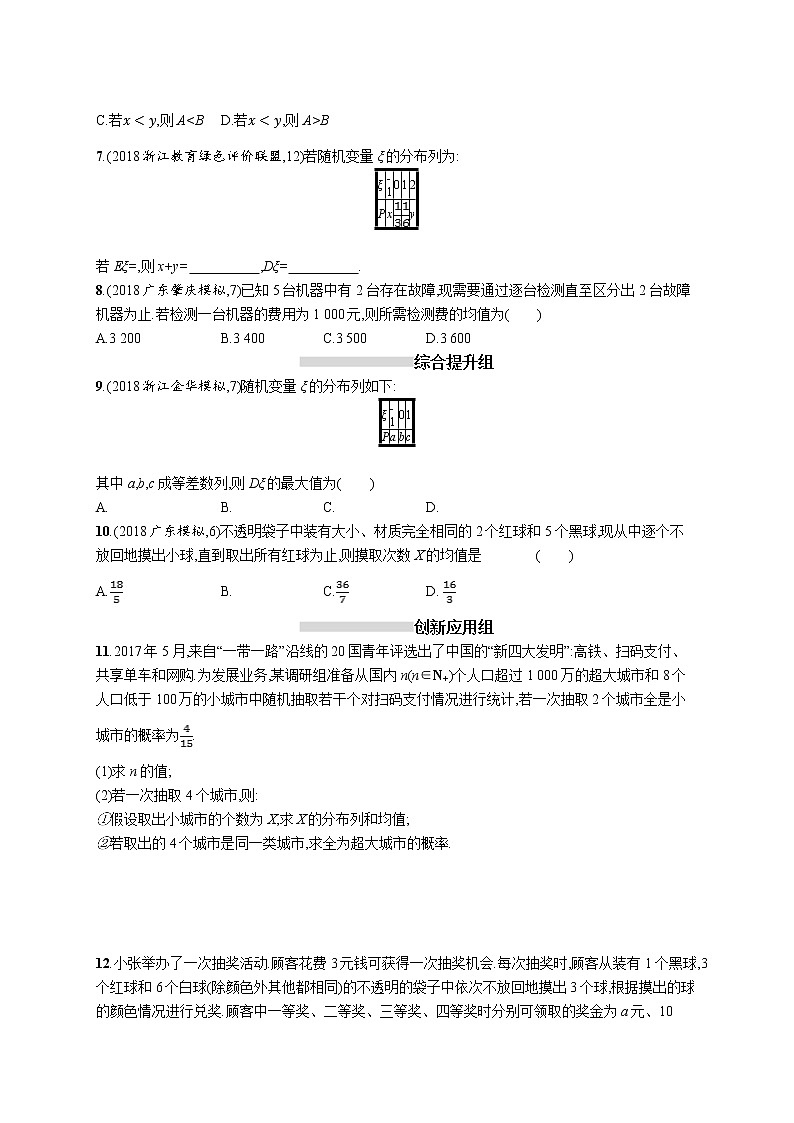 2020版高考数学北师大版（理）一轮复习课时规范练62　离散型随机变量的均值与方差02