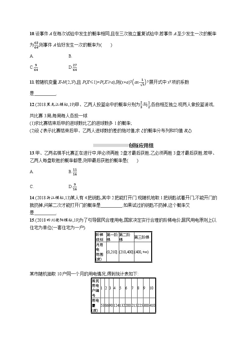 2020版高考数学北师大版（理）一轮复习课时规范练61　二项分布与正态分布03