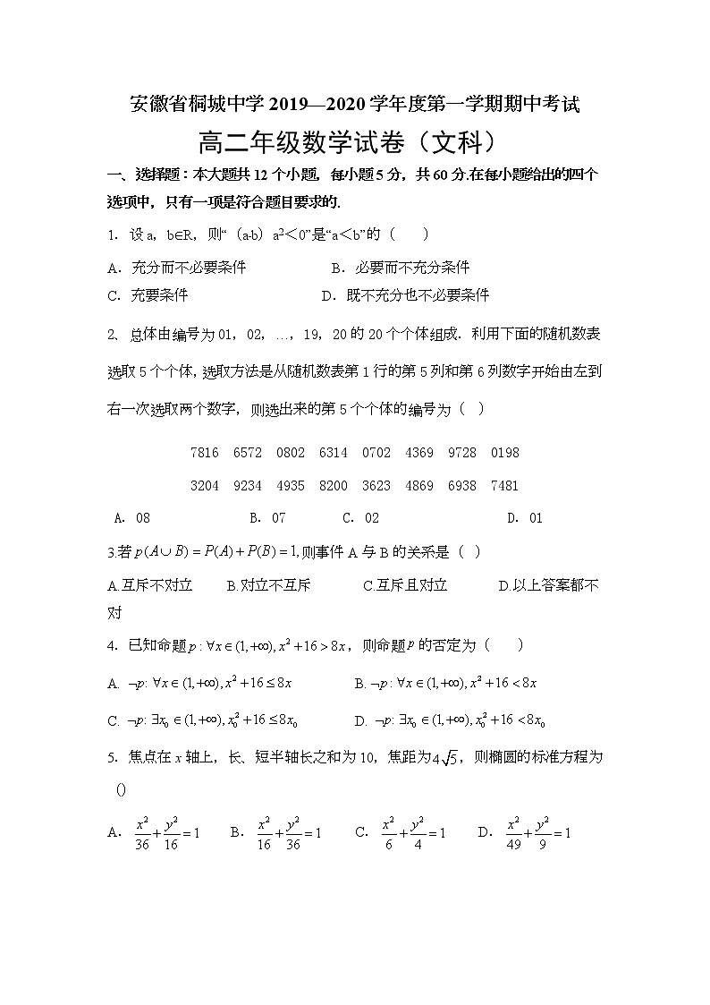 安徽省安庆市桐城中学2019-2020学年高二上学期期中考试数学（文）试卷第1页