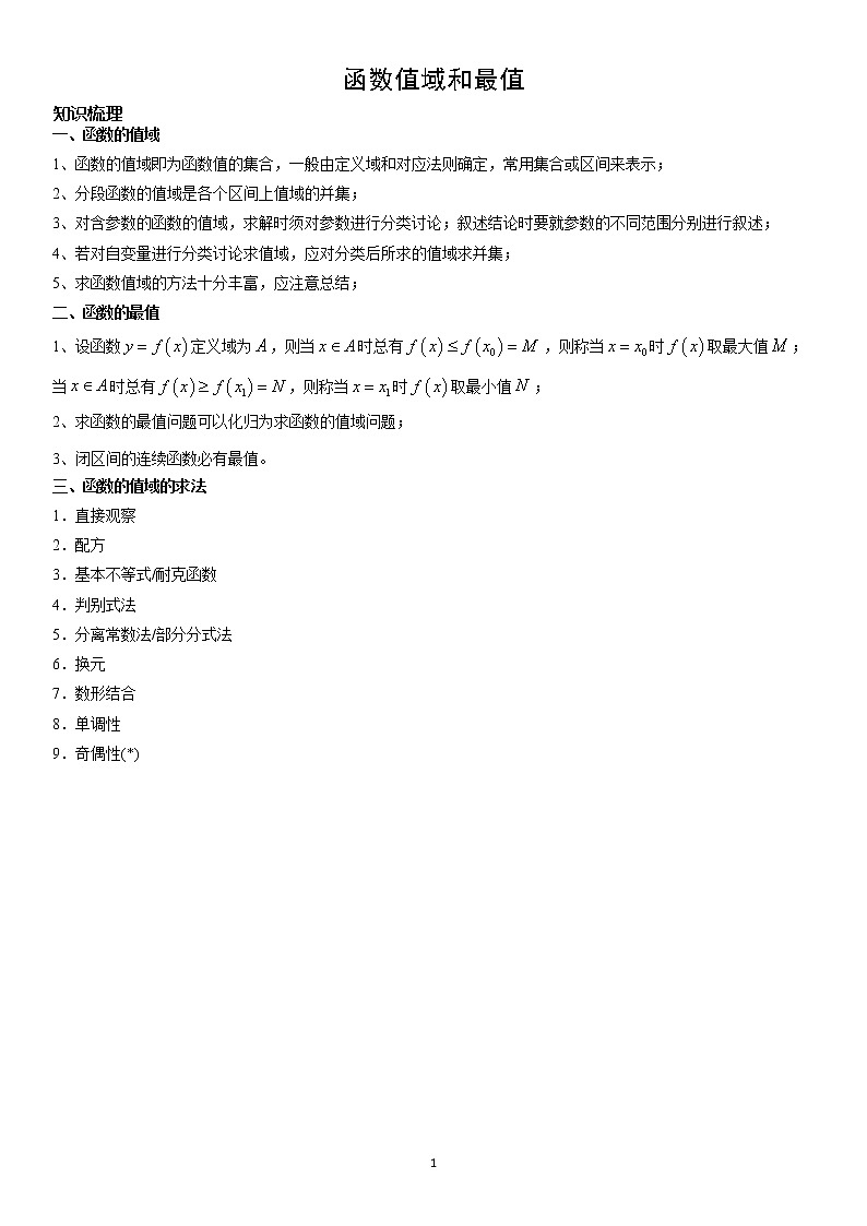 3.4 函数值域和最值 学案—学生版01