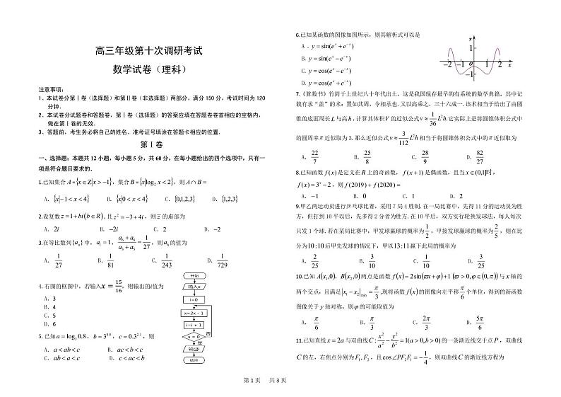 2020衡水中学高三下学期十调理数 试卷01