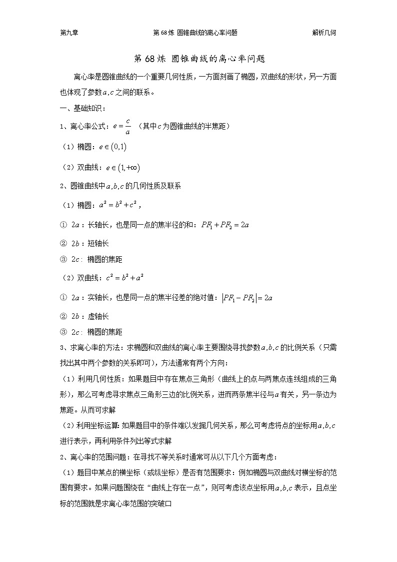 千题百炼——高中数学100个热点问题（三）：第68炼 离心率问题01