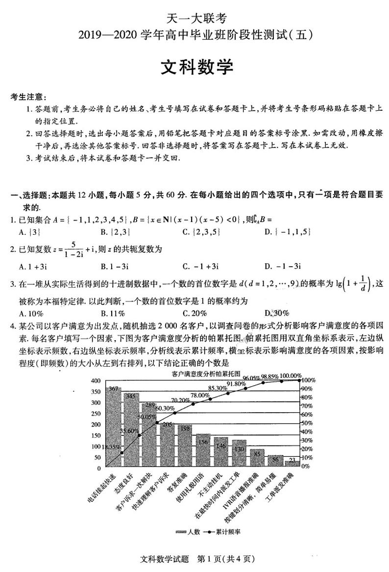 【文数】2020天一大联考测试五第1页